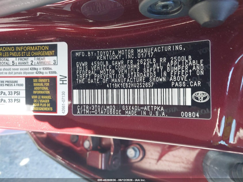 2017 Toyota Avalon VIN 4T1BK1EB2HU252657 IAAI salvage auction — FRONT END, Salvage Title, sold $4,000 on 2026-07-17 (photo 9)