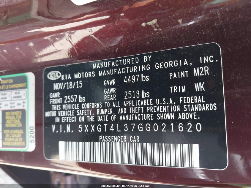 2016 Kia Optima VIN 5XXGT4L37GG021620 IAAI salvage auction — RIGHT FRONT, Clear (Michigan), sold $25 on 2026-07-30 (photo 9)