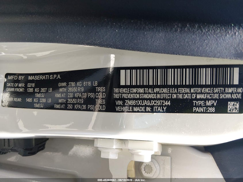 2018 Maserati Levante VIN ZN661XUA9JX297344 IAAI salvage auction — REPOSSESSION, Clear (Nevada), sold $13,000 on 2026-07-16 (photo 9)