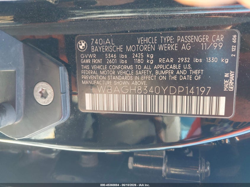 2000 BMW 7 series VIN WBAGH8340YDP14197 IAAI salvage auction — NORMAL WEAR, Clear - Dealer Only (California), sold $500 on 2026-07-28 (photo 9)