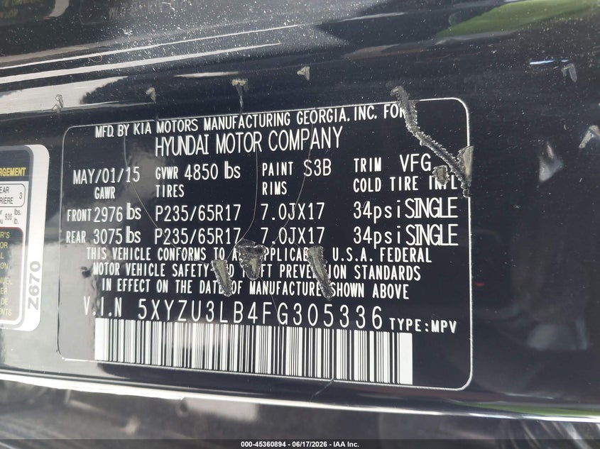 2015 Hyundai Santa fe VIN 5XYZU3LB4FG305336 IAAI salvage auction — NORMAL WEAR, Salvage (Montana), sold $1,550 on 2026-07-29 (photo 9)
