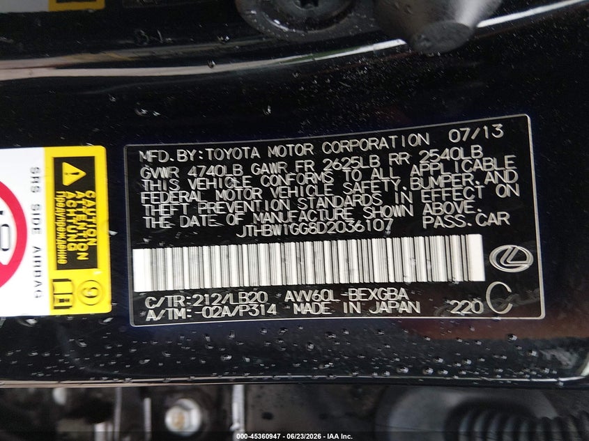 2013 Lexus ES VIN JTHBW1GG8D2036107 IAAI salvage auction — REAR END, Clear (Arkansas), sold $5,900 on 2026-07-22 (photo 9)