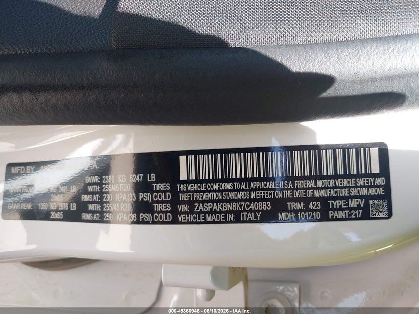 2019 Alfa romeo Stelvio VIN ZASPAKBN8K7C40883 IAAI salvage auction — REPOSSESSION, Clear (Idaho), sold $475 on 2026-07-09 (photo 9)