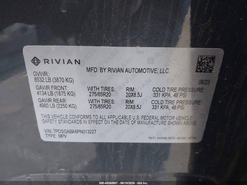 2023 Rivian R1s VIN 7PDSGABA6PN013227 IAAI salvage auction — ALL OVER, Salvage (California), sold $30,000 on 2026-08-10 (photo 9)