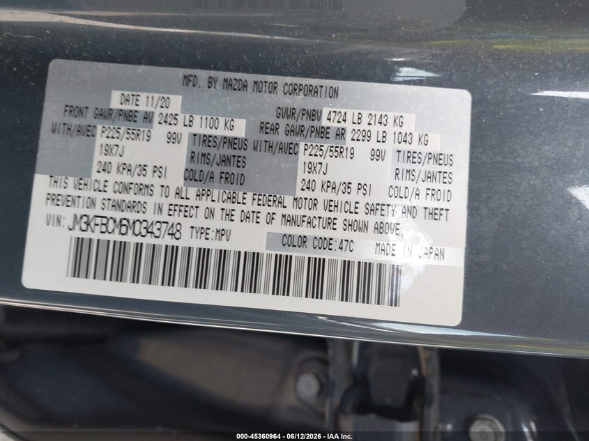 2021 Mazda Cx-5 VIN JM3KFBCM6M0343748 IAAI salvage auction — FRONT END, Salvage Title, sold $5,650 on 2026-07-27 (photo 9)