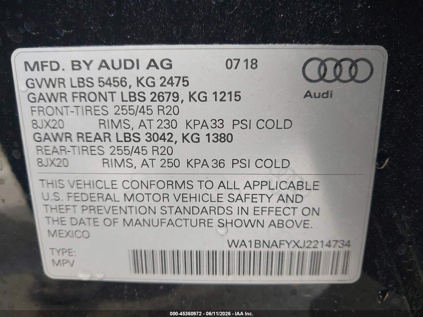 2018 Audi Q5 VIN WA1BNAFYXJ2214734 IAAI salvage auction — REAR END, Salvage (California), sold $9,700 on 2026-07-29 (photo 9)