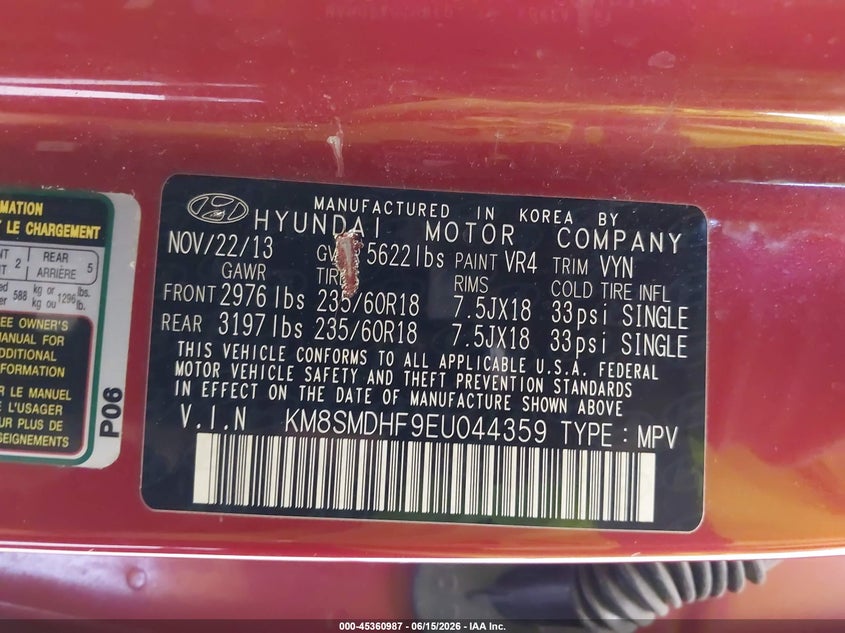 2014 Hyundai Santa fe VIN KM8SMDHF9EU044359 IAAI salvage auction — REAR END, Salvage (Utah), sold $1,250 on 2026-07-13 (photo 9)