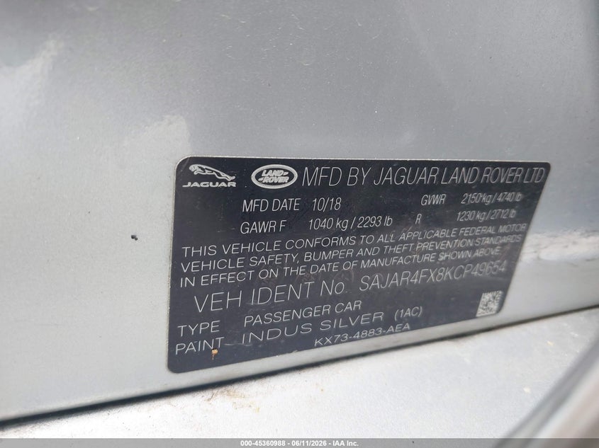 2019 Jaguar Xe VIN SAJAR4FX8KCP49654 IAAI salvage auction — FRONT END, Original (Texas), sold $1,050 on 2026-07-15 (photo 9)