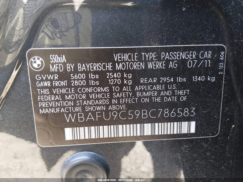 2011 BMW 5er VIN WBAFU9C59BC786583 IAAI salvage auction — NORMAL WEAR, Clear (Maryland), sold $525 on 2026-07-22 (photo 9)