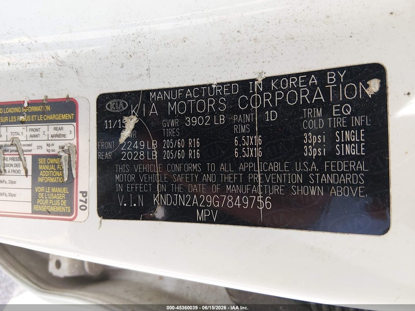 2016 Kia Soul VIN KNDJN2A29G7849756 IAAI salvage auction — NORMAL WEAR, Clear (South Carolina), sold $775 on 2026-07-29 (photo 9)