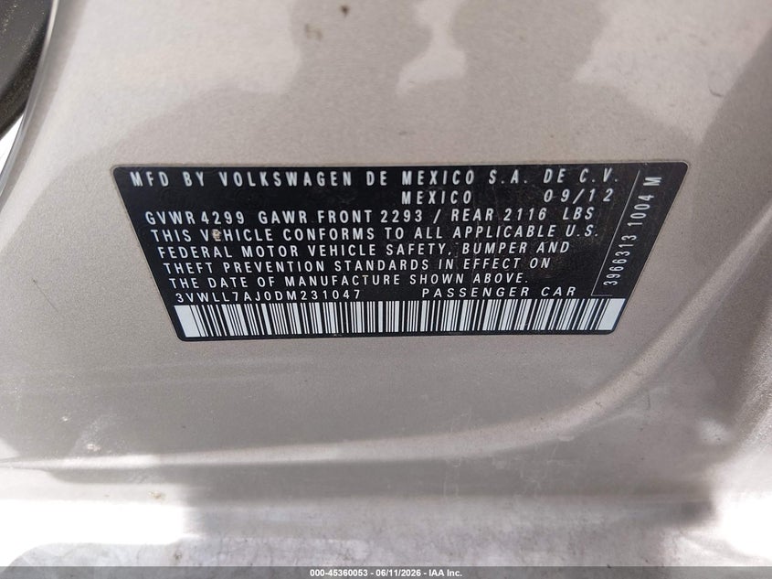 2013 Volkswagen Jetta VIN 3VWLL7AJ0DM231047 IAAI salvage auction — FRONT END, Original (Texas), sold $1,050 on 2026-08-14 (photo 9)