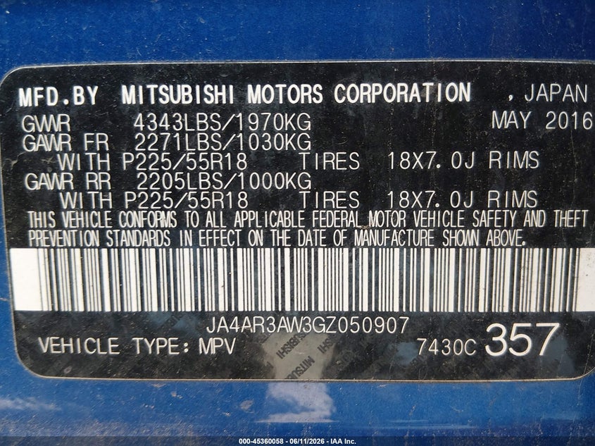 2016 Mitsubishi VIN JA4AR3AW3GZ050907 IAAI salvage auction — LEFT REAR, Salvage (West Virginia), sold $2,100 on 2026-08-01 (photo 9)