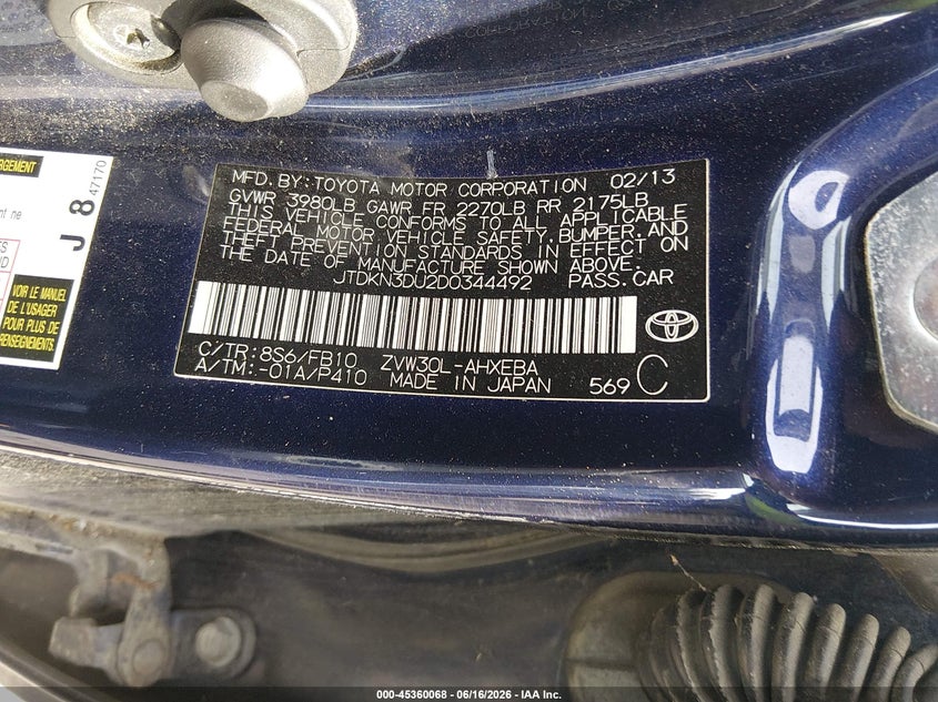 2013 Toyota Prius VIN JTDKN3DU2D0344492 IAAI salvage auction — RIGHT REAR, Clear (Virginia), sold $550 on 2026-07-17 (photo 9)