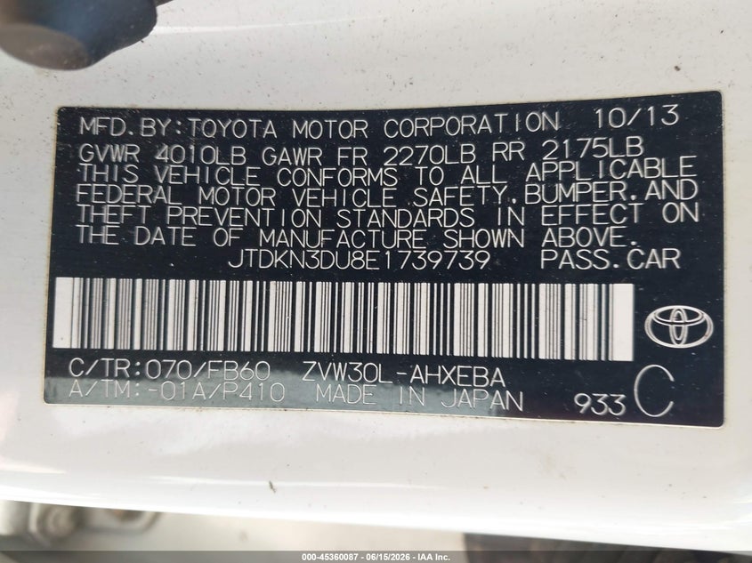 2014 Toyota Prius VIN JTDKN3DU8E1739739 IAAI salvage auction — FRONT END, Salvage (Massachusetts), sold $2,000 on 2026-07-21 (photo 9)