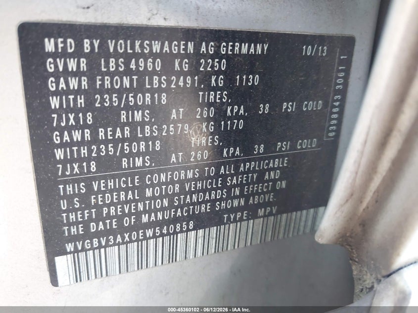 2014 Volkswagen Tiguan VIN WVGBV3AX0EW540858 IAAI salvage auction — REAR END, Wait Title, sold $1,600 on 2026-08-17 (photo 9)