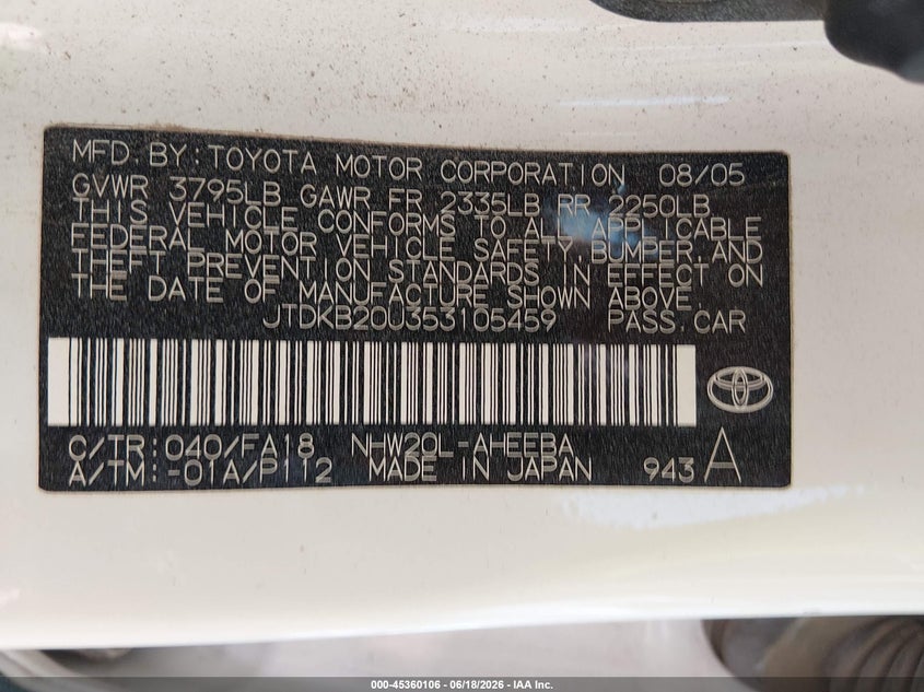 2005 Toyota Prius VIN JTDKB20U353105459 IAAI salvage auction — NORMAL WEAR, Clear (Colorado), sold $150 on 2026-07-29 (photo 9)