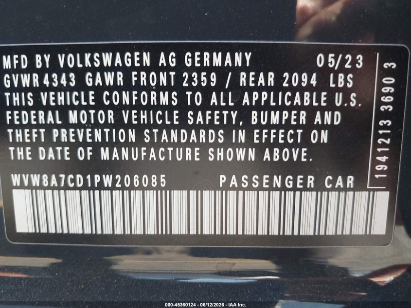 2023 Volkswagen Golf gti VIN WVW8A7CD1PW206085 IAAI salvage auction — ROLLOVER, Salvage Title, sold $2,950 on 2026-07-20 (photo 9)