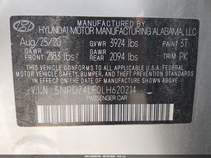 2020 Hyundai Elantra VIN 5NPD74LF0LH620214 IAAI salvage auction — NORMAL WEAR, SF97 (Oklahoma), sold $10,075 on 2026-08-03 (photo 9)
