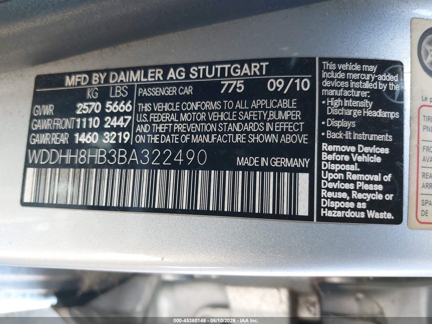 2011 Mercedes-benz E-class VIN WDDHH8HB3BA322490 IAAI salvage auction — REPOSSESSION, Clear - Dealer Only (California), sold $950 on 2026-07-29 (photo 9)