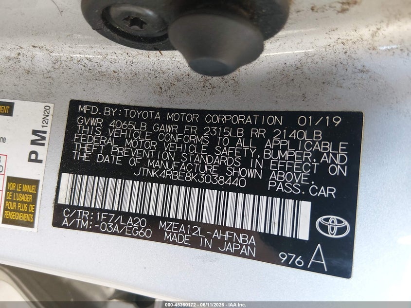 2019 Toyota Corolla VIN JTNK4RBE8K3038440 IAAI salvage auction — BIO HAZARD, Salvage Title, sold $4,500 on 2026-07-29 (photo 9)