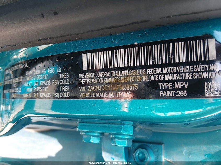 2021 Jeep Renegade VIN ZACNJDC11MPM38375 IAAI salvage auction — RIGHT FRONT, Salvage (Arkansas), sold $2,250 on 2026-07-29 (photo 9)