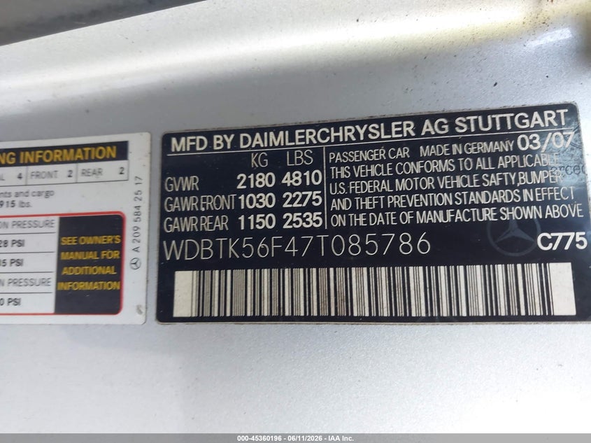 2007 Mercedes-benz Clk-klasse VIN WDBTK56F47T085786 IAAI salvage auction — NORMAL WEAR, Clear (Florida), sold $475 on 2026-07-07 (photo 9)