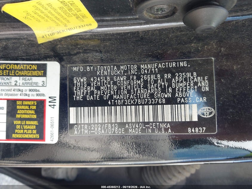 2011 Toyota Camry VIN 4T1BF3EK7BU733768 IAAI salvage auction — NORMAL WEAR, Repossession Paperwork (Georgia), sold $600 on 2026-07-25 (photo 9)