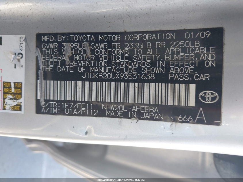 2009 Toyota Prius VIN JTDKB20UX93531638 IAAI salvage auction — NORMAL WEAR, Clear - Dealer Only (California), sold $825 on 2026-07-13 (photo 9)