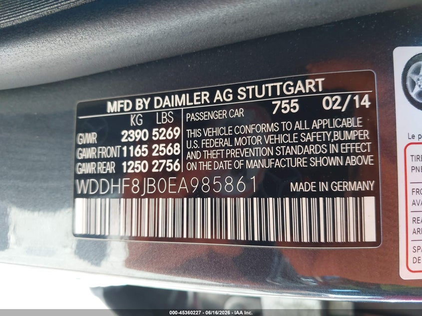 2014 Mercedes-benz E-klasse VIN WDDHF8JB0EA985861 IAAI salvage auction — FRONT END, Salvage (Pennsylvania), sold $2,225 on 2026-07-17 (photo 9)