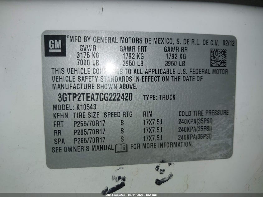 2012 Gmc VIN 3GTP2TEA7CG222420 IAAI salvage auction — FRONT END, Salvage Title, sold $25 on 2026-07-29 (photo 9)