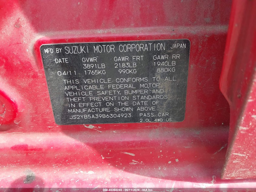 2011 Suzuki Sx4 VIN JS2YB5A39B6304923 IAAI salvage auction — BIO HAZARD, Mv-907A (New York), sold $100 on 2026-07-07 (photo 9)