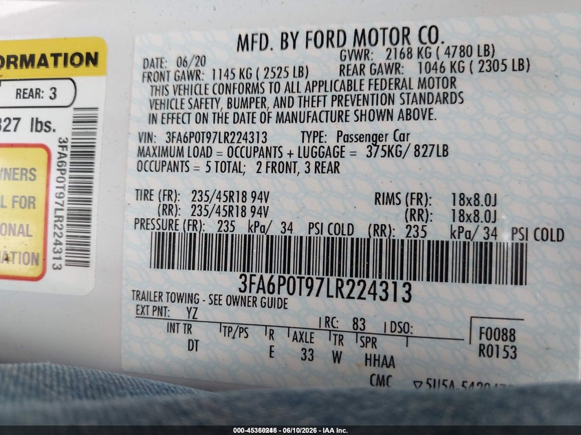 2020 Ford Fusion VIN 3FA6P0T97LR224313 IAAI salvage auction — NORMAL WEAR, SF97 (Maine), sold $12,775 on 2026-07-23 (photo 9)