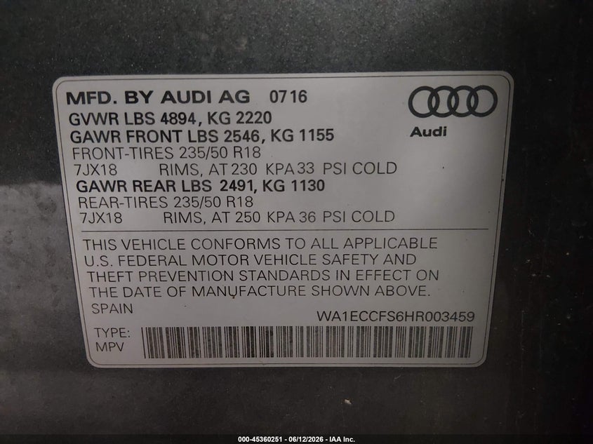 2017 Audi Q3 VIN WA1ECCFS6HR003459 IAAI salvage auction — ROOF, Salvage (Maine), sold $2,450 on 2026-07-09 (photo 9)