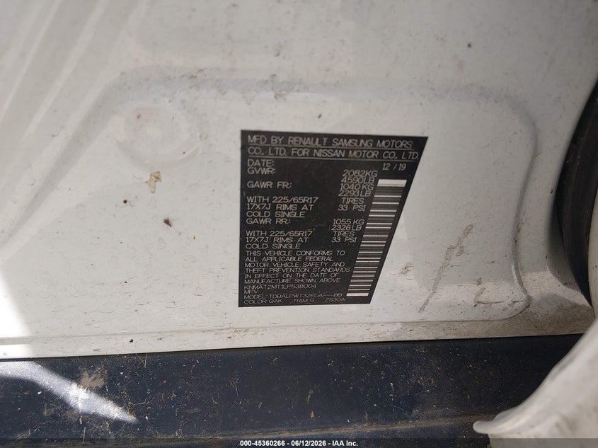 2020 Nissan Rogue VIN KNMAT2MT1LP538004 IAAI salvage auction — ROOF, Junking Certificate (Mississippi), sold $25 on 2026-07-23 (photo 9)