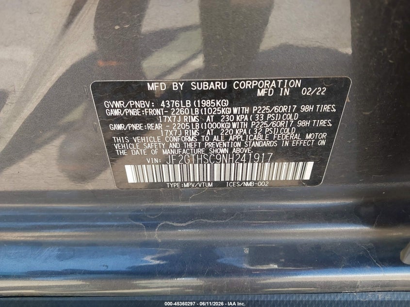 2022 Subaru VIN JF2GTHSC9NH241917 IAAI salvage auction — FRONT END, Salvage (Oregon), sold $4,550 on 2026-07-29 (photo 9)