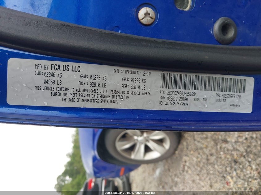 2018 Dodge Challenger VIN 2C3CDZAG0JH251894 IAAI salvage auction — RIGHT FRONT, Salvage (South Carolina), sold $3,900 on 2026-08-15 (photo 9)