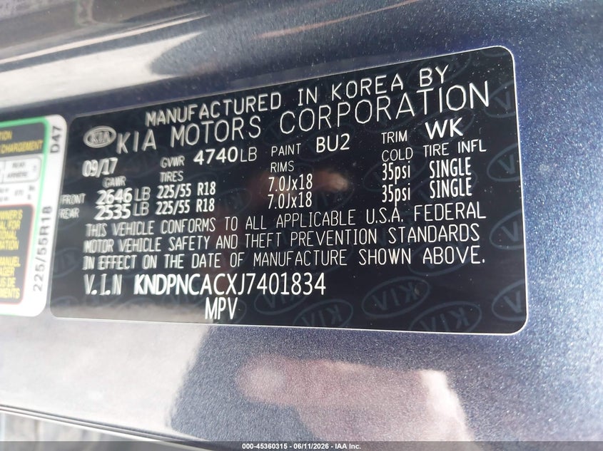 2018 Kia Sportage VIN KNDPNCACXJ7401834 IAAI salvage auction — FRONT END, Salvage Title, sold $3,100 on 2026-07-25 (photo 9)