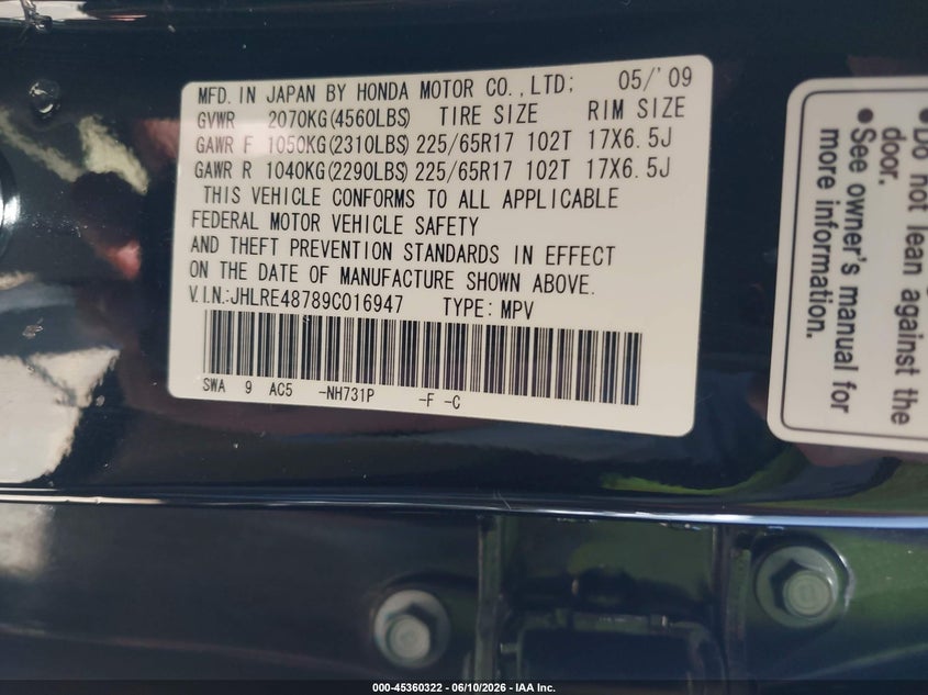 2009 Honda Cr-v VIN JHLRE48789C016947 IAAI salvage auction — FRONT END, Salvage (California), sold $1,800 on 2026-07-22 (photo 9)