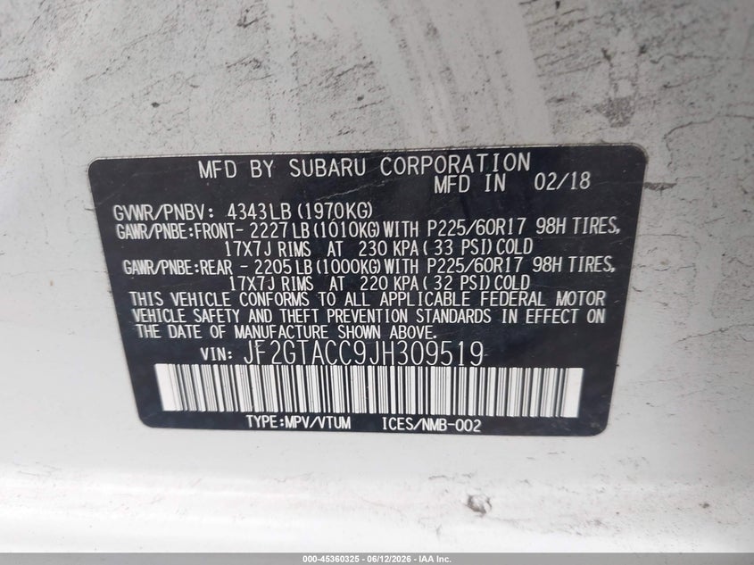 2018 Subaru Xv VIN JF2GTACC9JH309519 IAAI salvage auction — RIGHT FRONT, Salvage (Pennsylvania), sold $2,050 on 2026-07-21 (photo 9)