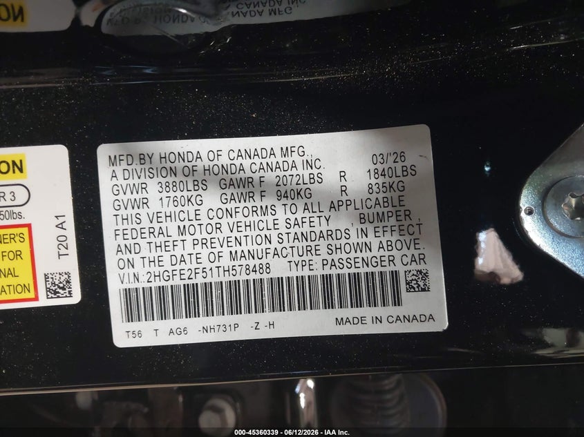 2026 Honda Civic VIN 2HGFE2F51TH578488 IAAI salvage auction — SIDE, Salvage (North Carolina), sold $7,050 on 2026-07-30 (photo 9)