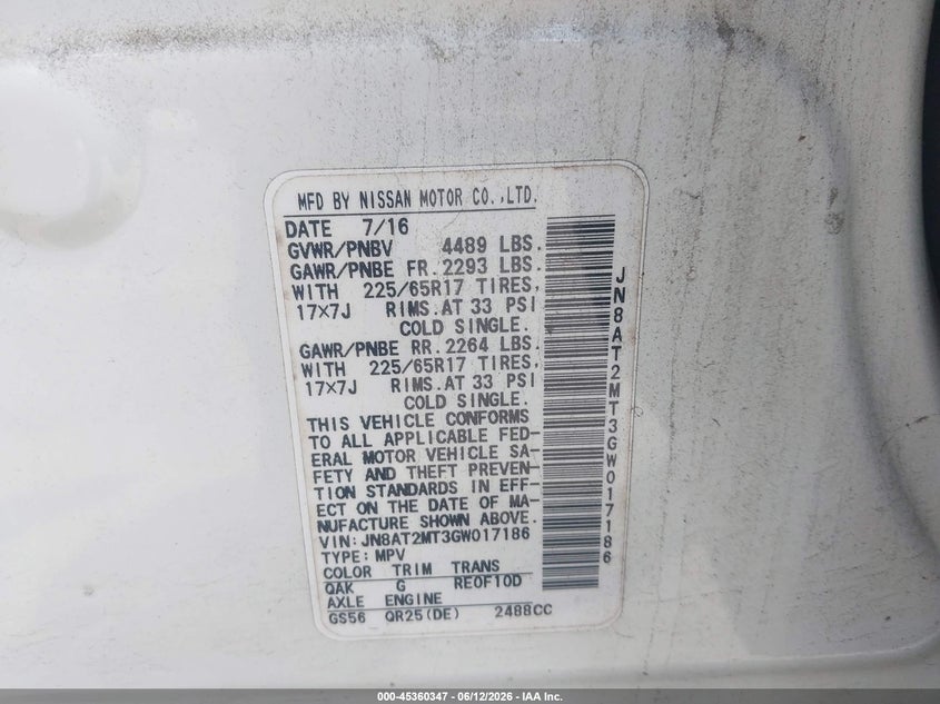 2016 Nissan Rogue VIN JN8AT2MT3GW017186 IAAI salvage auction — FRONT END, Salvage (Idaho), sold $1,375 on 2026-07-15 (photo 9)