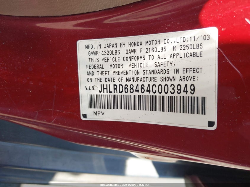 2004 Honda Cr-v VIN JHLRD68464C003949 IAAI salvage auction — UNKNOWN, Salvage (California), sold $525 on 2026-07-09 (photo 9)