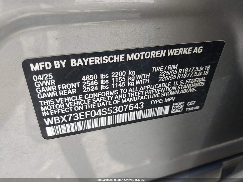 2025 BMW X1 VIN WBX73EF04S5307643 IAAI salvage auction — LEFT FRONT, Salvage (Oregon), sold $15,850 on 2026-08-13 (photo 9)