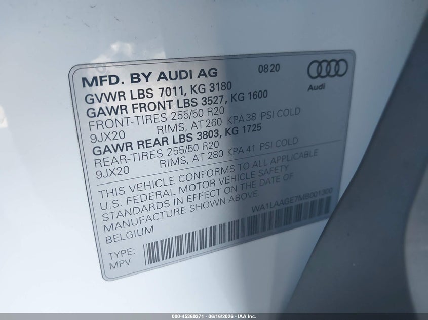 2021 Audi E-tron VIN WA1LAAGE7MB001300 IAAI salvage auction — FRONT END, Salvage Title, sold $13,500 on 2026-07-22 (photo 9)