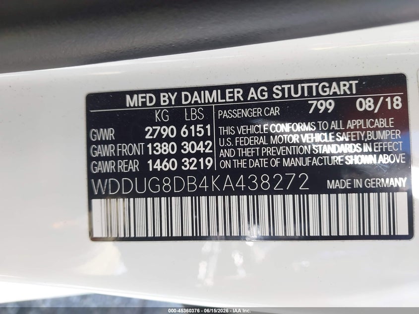 2019 Mercedes-benz S-klasse VIN WDDUG8DB4KA438272 IAAI salvage auction — FRONT & REAR, Salvage Title, sold $14,300 on 2026-07-29 (photo 9)