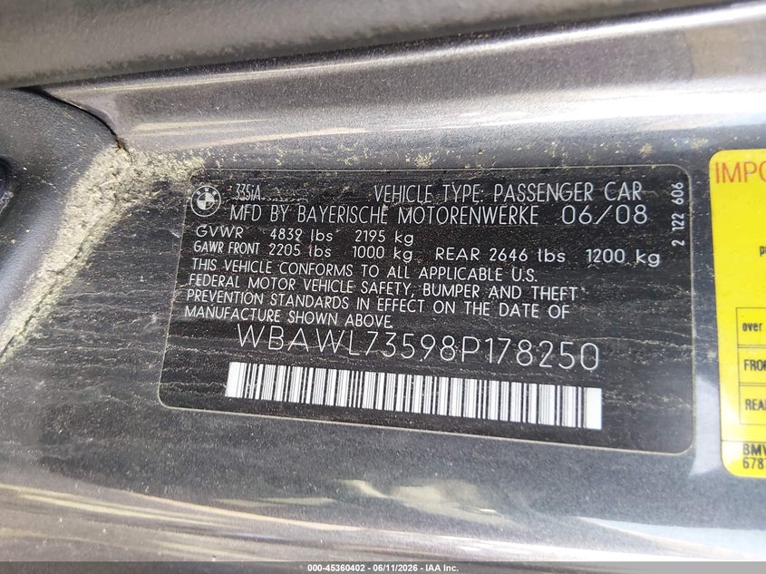2008 BMW 3 series VIN WBAWL73598P178250 IAAI salvage auction — FRONT END, Bill Of Sale (New York), sold $475 on 2026-07-21 (photo 9)