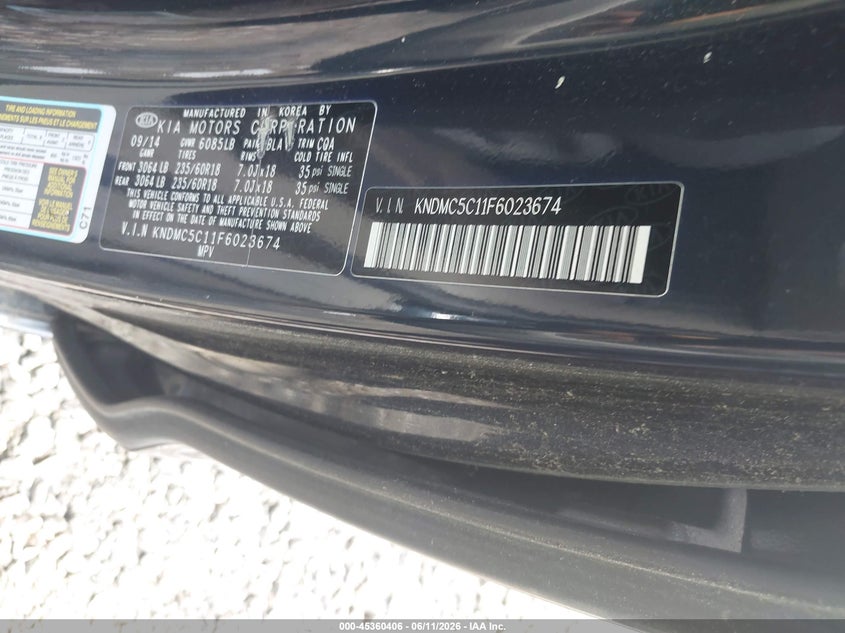 2015 Kia SEDONA VIN KNDMC5C11F6023674 IAAI salvage auction — UNKNOWN, Salvage Title, sold $25 on 2026-07-21 (photo 9)