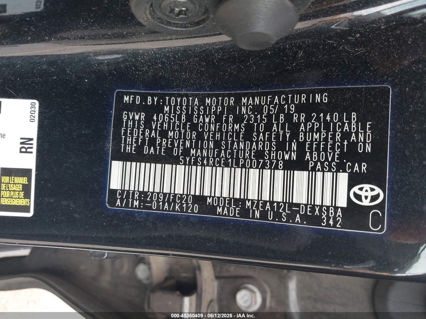2020 Toyota Corolla VIN 5YFS4RCE1LP007378 IAAI salvage auction — RIGHT SIDE, Salvage (Connecticut), sold $3,550 on 2026-07-23 (photo 9)
