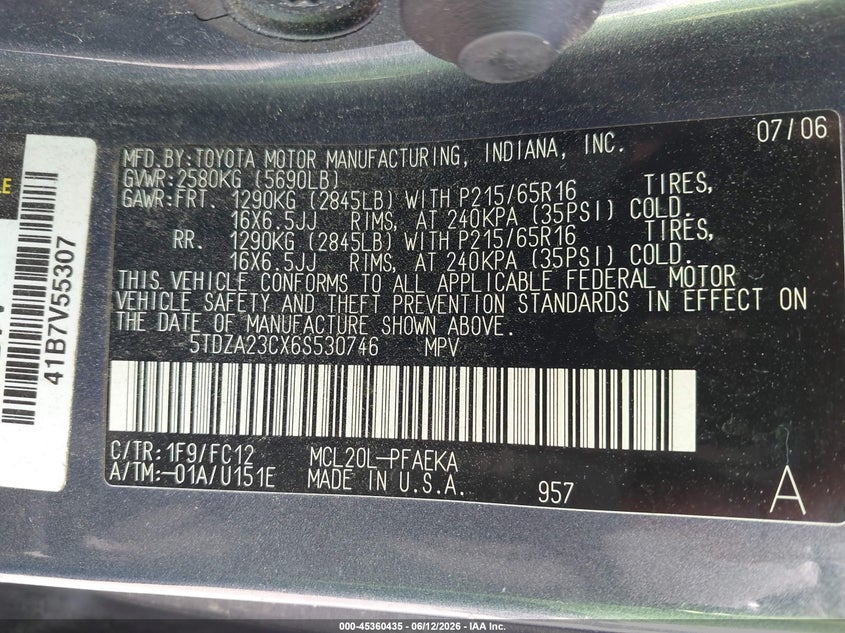 2006 Toyota Sienna VIN 5TDZA23CX6S530746 IAAI salvage auction — NORMAL WEAR, Original (Maine), sold $400 on 2026-07-20 (photo 9)