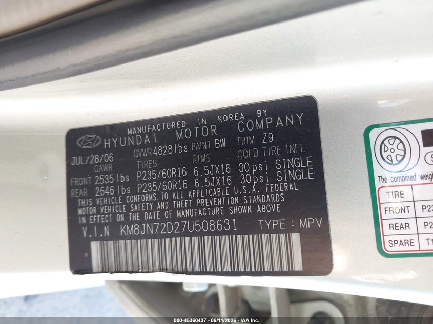2007 Hyundai Tucson VIN KM8JN72D27U508631 IAAI salvage auction — NORMAL WEAR, Clear - Dealer Only (California), sold $300 on 2026-07-07 (photo 9)